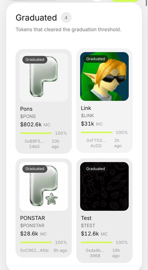 A mobile app screen displays a 'Graduated' section showing tokens including 'Pons' ($PONS, $802.6k MC), 'Link' ($LINK, $31k MC), 'PONSTAR' ($PONSTAR, $28.6k MC), and 'Test' ($TEST, $12.6k MC).