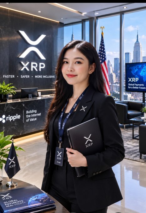 An Asian woman in a black business suit smiling while holding a folder branded with the 'XRP' logo, standing in a modern office lobby with Ripple and XRP signage, an American flag, and a city skyline view.