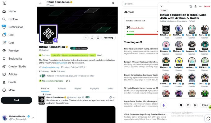 A screenshot of X (formerly Twitter) showing a pinned post on the @ritualfnd profile about "Ritual Foundation x Ritual Labs AMA with Arshan & Kartik" scheduled to end in 14:18:14, alongside a "Trending on X" sidebar featuring news about Truth Terminal's Goatseus Maximus ($GOAT) and other crypto topics, and a Ritual Labs AMA scheduled room with 20 participants—visually representing the post's context of attending a live AMA session with the Ritual team to better understand their sovereign AI agent vision.