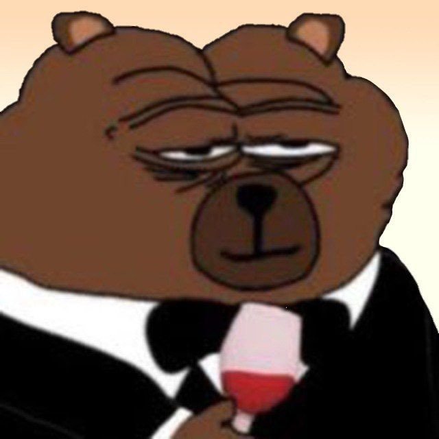 A drawing of a brown bear with a tired, half-lidded expression wearing a black tuxedo and bow tie while holding a glass of red wine.