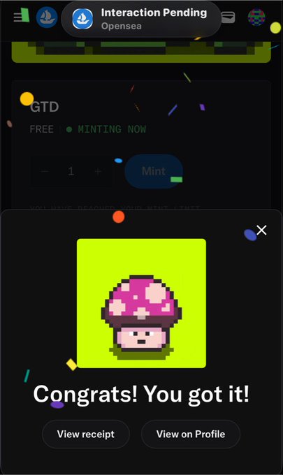 A mobile screenshot of an OpenSea 'Interaction Pending' screen showing a free minting transaction with a 'Congrats! You got it!' message and a pixel art pink mushroom NFT on a green background.