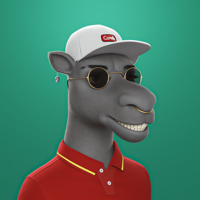 A 3D-rendered cartoon-style character, a gray camel or horse wearing a white 'Camel' cap, round sunglasses, a nose ring, an earring, and a red polo shirt against a green background.