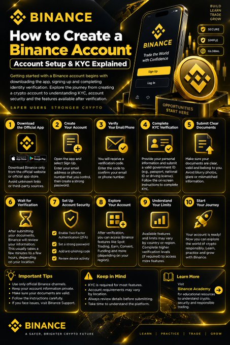 A Binance infographic titled “How to Create a Binance Account” outlines official app download, account creation, email/phone verification, KYC, security, and platform-use steps.