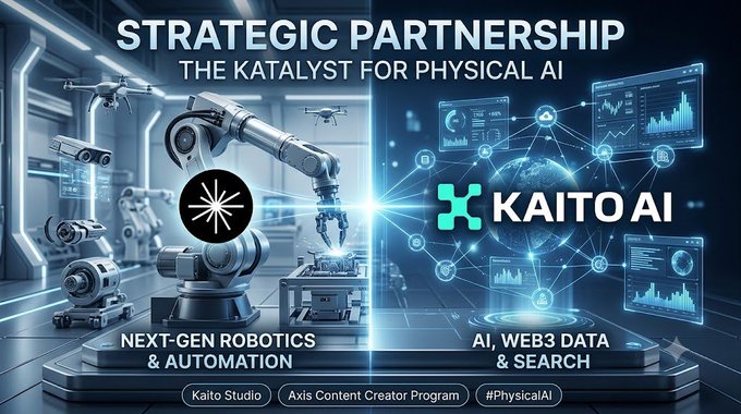 A 'STRATEGIC PARTNERSHIP' announcement graphic subtitled 'THE KATALYST FOR PHYSICAL AI', showcasing robotics and AI imagery alongside the 'KAITO AI' logo.