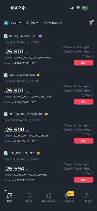 A screenshot of a cryptocurrency exchange interface showing multiple trading listings for USDT with various VND exchange rates (ranging from 26.594 to 26.601). The image illustrates the user's point regarding the availability and pricing of USDT paired against VND on the platform.