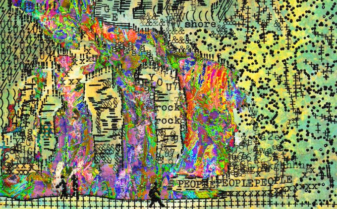 A chaotic, abstract mixed-media artwork featuring colorful painted figures overlaid with repeating text, symbols (anchors, crosses, dots), and words like 'shore', 'rock', and 'PEOPLE'.