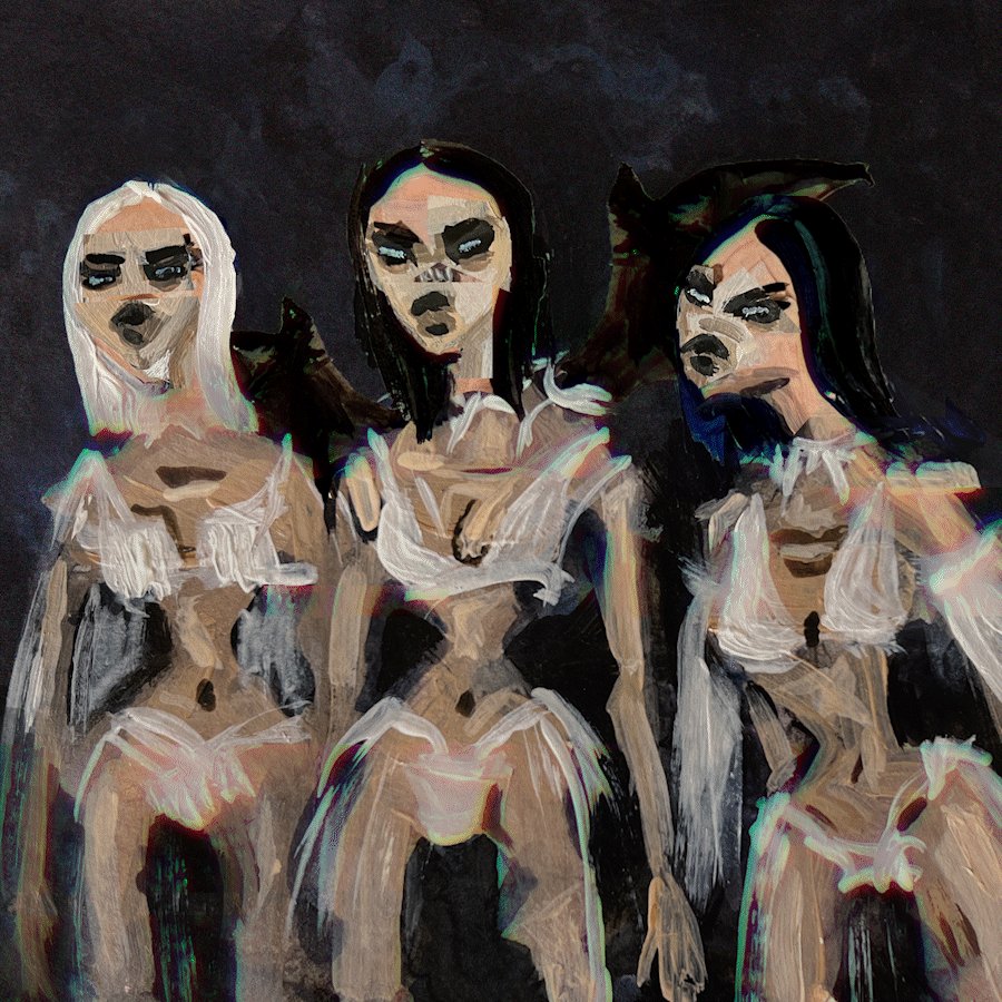 The image features a painting of three women with white dresses, each wearing a different hairstyle. They appear to be posing together against a dark background, possibly a black canvas or wall. The art style suggests that this could be an oil painting technique used by the artist. The caption provided in the image reads "Ty for the love Editions are available on tezos". This phrase is likely a reference to the artist's name and their work being sold as Editions.