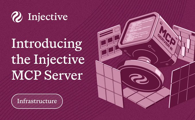 The image features a purple background with white text, which reads "Introducing the Injective MCP Server". The text also includes a drawing of a computer mouse and a square box, suggesting that this new server might be related to cryptocurrency or blockchain technology. The main focus is on the MCP Server, and it appears to be an innovative concept in the world of AI and crypto.