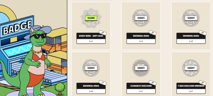 Kangamango dinosaur mascot next to six badge cards (Early Bird - Sept 2025, Referral Kino Lv1-4, Connect Discord, T-Rex Discord Member) with claim/verify buttons.