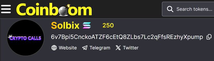 A Coinbom token listing page for "Solbix" showing a score of 250 and the contract address "6v7Bpi5CnckoATZF6cEtQ8ZLbs7Lc2qFfsREzhyXpump" with links to Website, Telegram, and Twitter.