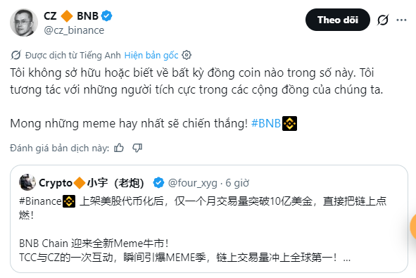 A Twitter/X post from CZ (cz_binance) translated from English, saying he's not holding any meme coins but wants the best memes to win, quoting a post about BNB Chain's meme coin market.