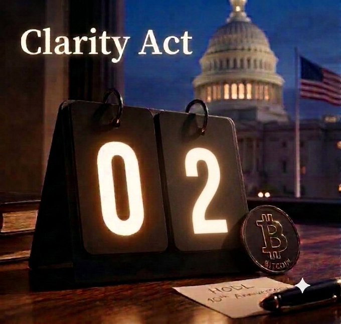 A flip calendar counting down "02" days sits beside a Bitcoin coin and a handwritten note reading "HOL... 10th Anniversary," with the U.S. Capitol dome and American flag in the background under the heading "Clarity Act," visually reinforcing the post's message that regulatory clarity for crypto like XRP is just 2 days away.