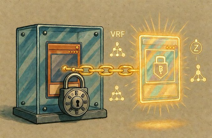 A hand-drawn illustration depicts blockchain security with a locked safe chained to a glowing smartphone displaying a "B" lock icon, accompanied by "VRF" text and network node diagrams.