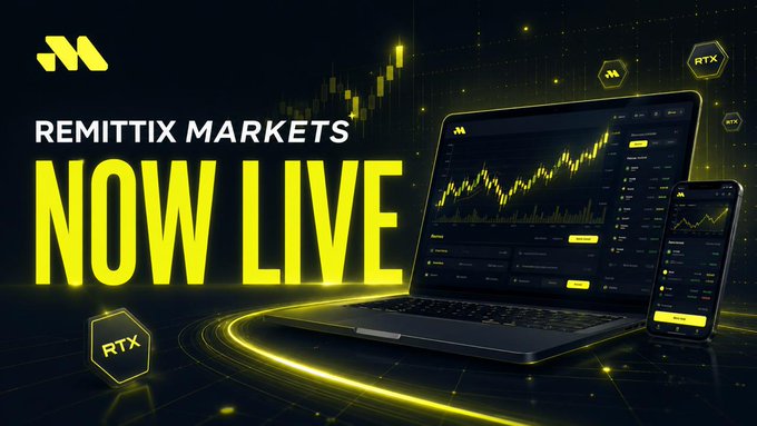 A promotional graphic announces "REMITTIX MARKETS NOW LIVE" in bold yellow text against a dark background, featuring a laptop and smartphone displaying candlestick trading charts alongside RTX hexagonal tokens, visually reinforcing the launch of the perpetual trading platform mentioned in the post.