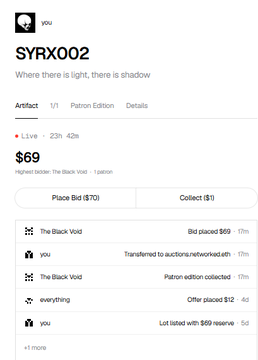 A screenshot of a Foundation NFT marketplace page for "SYRX002" by "you," priced at $69, with the description "Where there is light, there is shadow."