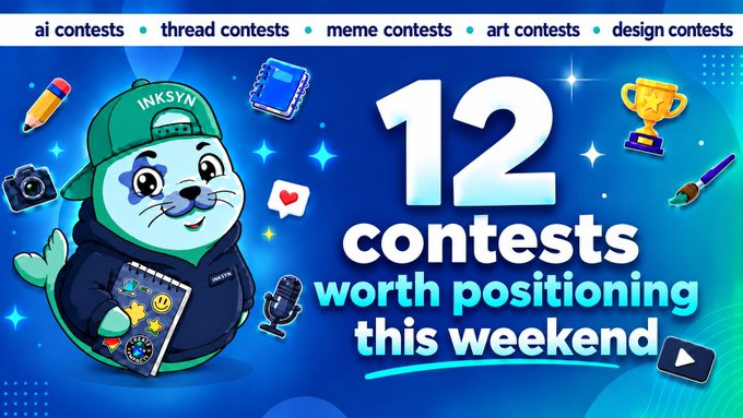 A promotional graphic for INKSYN contests featuring a seal mascot in a green cap, advertising '12 contests worth positioning this weekend' including AI, thread, meme, art, and design contests.