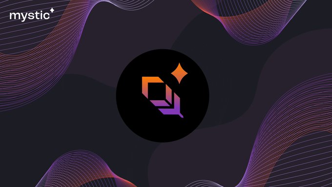 A dark-themed graphic featuring the 'mystic' logo in the top left corner and a central circular icon with an orange-to-purple gradient design on a dark background with flowing wave patterns.