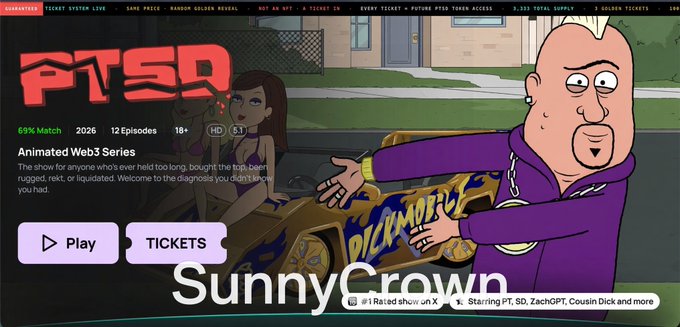 Screenshot of a web3 animated series called 'PTSD' featuring a cartoon character in purple holding a woman, labeled 'SunnyCrown' with 'Animated Web3 Series' description.