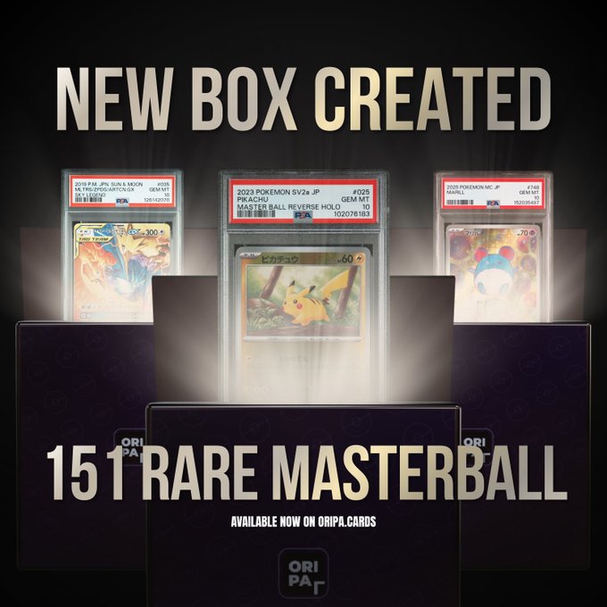 Promotional graphic for ORIPA.CARDS advertising a 'NEW BOX CREATED' containing '151 RARE MASTERBALL' Pokémon cards, featuring PSA-graded examples including Pikachu and Sun & Moon cards.