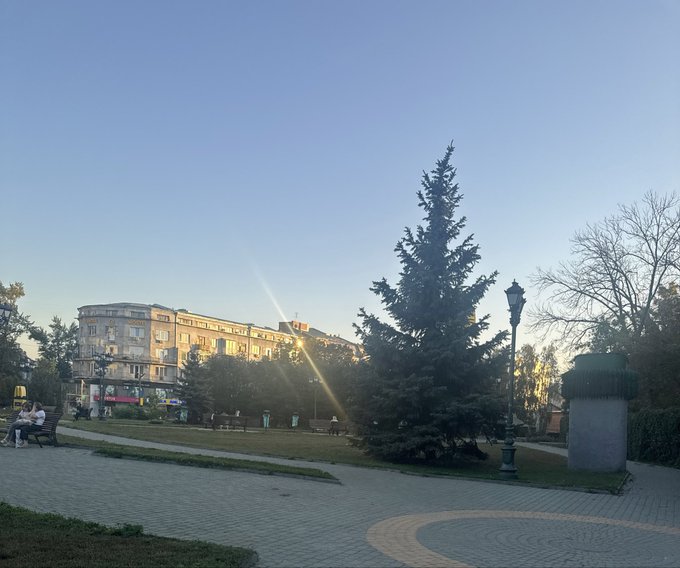 A peaceful park scene with a tall evergreen tree, benches, lampposts, and a building in the background under a clear blue sky with the sun creating a lens flare.