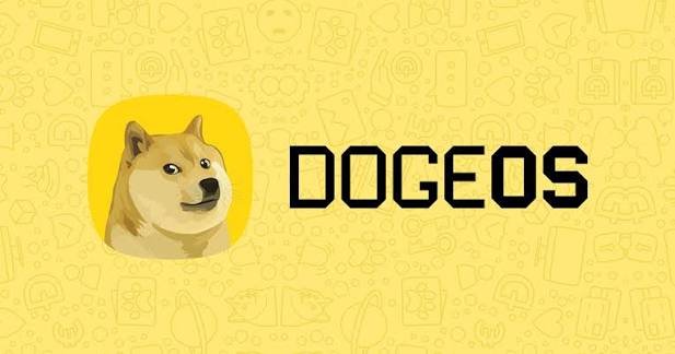 A promotional graphic for Dogeos cryptocurrency featuring a Shiba Inu dog inside a yellow rounded square logo next to bold 'DOGEOS' text on a yellow patterned background.
