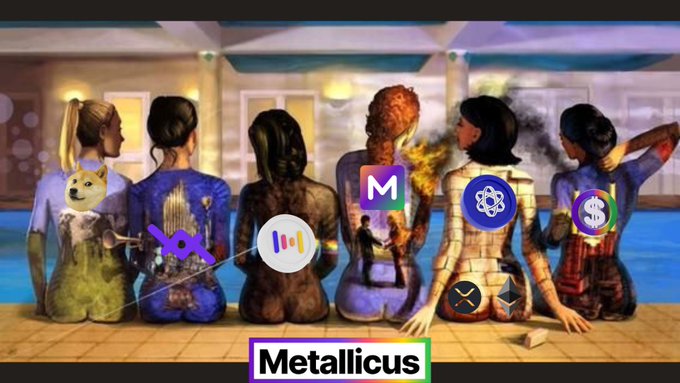 The image features a group of five girls with different colored hair, sitting next to each other against a blue background. The text "Metallicus Girls" is written above them, indicating that they are part of a group or team named Metallicus. Below this, there's a list of various logos and icons associated with the Metallicus brand, including a dollar sign, a sword, a microphone, and a guitar.