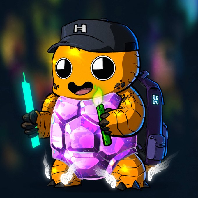 A cartoon turtle-like character wearing a black cap with an 'H' logo, holding glowing colored pencils and a translucent purple shell, with a backpack on its back.