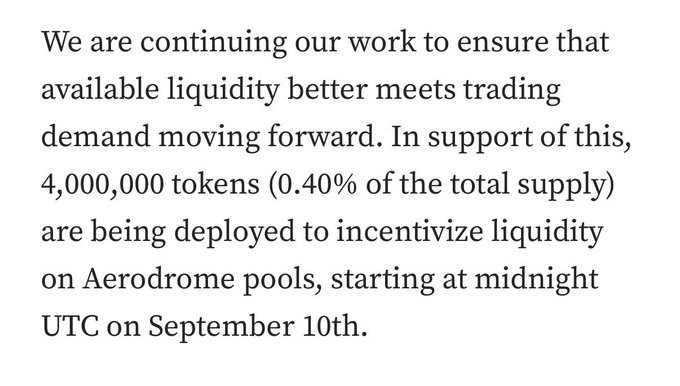 The image shows a text excerpt announcing the deployment of 4,000,000 tokens (0.40% of total supply) to incentivize liquidity on Aerodrome pools starting September 10th. This relates to the accompanying post, which criticizes a memecoin team for announcing a liquidity incentive plan *after* trading had already begun—suggesting their post-hoc "fix" for liquidity issues reflects poor crypto fundamentals, contributing to the token's 50% decline.