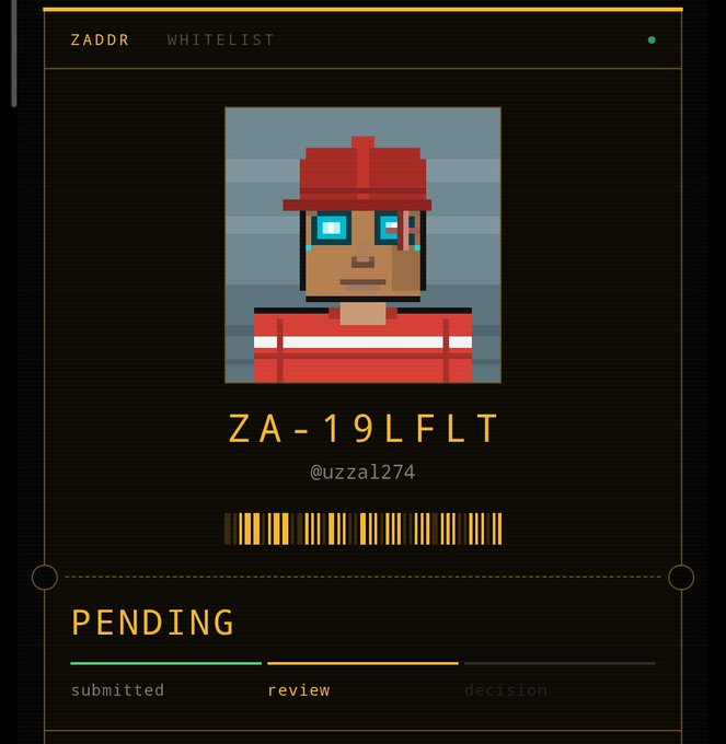 A pixel art avatar on a 'ZADDR WHITELIST' page with the ID 'ZA-19LFLT' and username '@uzza1274', showing a 'PENDING' status.