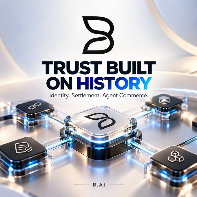 A modern digital advertisement featuring a glowing 3D logo and the text 'TRUST BUILT ON HISTORY - Identity. Settlement. Agent Commerce.' with 'B.AI' at the bottom.
