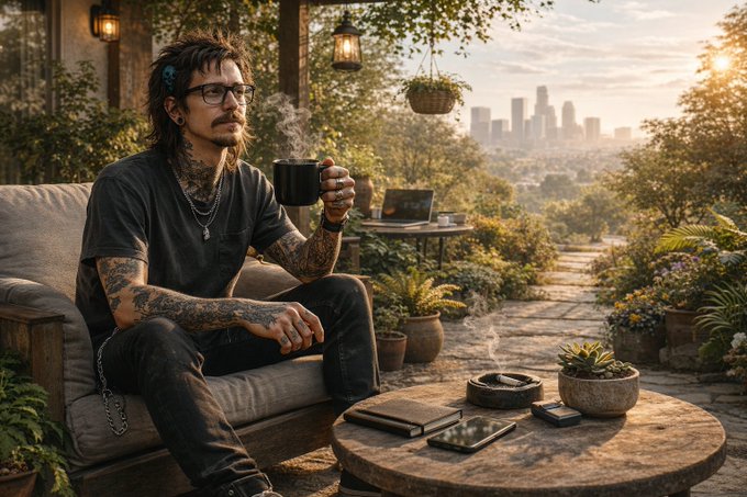 A tattooed man with glasses and dreadlocks sits on a couch holding a steaming mug, with a city skyline visible in the background and a coffee table holding a tablet, phone, and small plants.