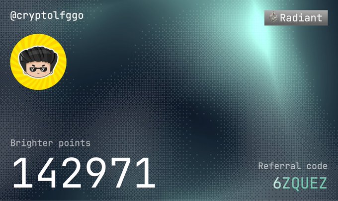 A profile card for @cryptolfggo on the "Radiant" platform displays a brighter points total of 1,429,771 and a referral code of 6ZQUEZ, promoting the Brighter program as an early points-earning opportunity for the Lighter ecosystem.