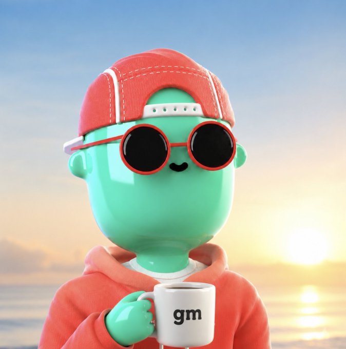 A 3D-rendered mint-green cartoon character wearing a red cap, round red sunglasses, and a red hoodie holds a white mug reading 'gm' against a sunset beach background.