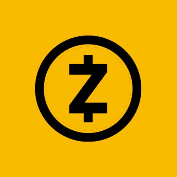 The image shows a black "Z" symbol with horizontal lines through the top and bottom, encircled within a black ring on a yellow background—the logo of Zcash (ZEC), referencing the cryptocurrency mentioned in the post celebrating its $1,000 price milestone.