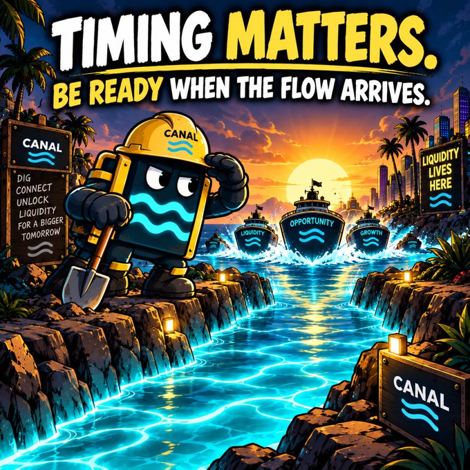 A colorful cartoon illustration with text 'TIMING MATTERS. BE READY WHEN THE FLOW ARRIVES.' featuring a construction worker character labeled 'CANAL' shoveling near a glowing waterway with ships labeled 'LIQUIDITY', 'OPPORTUNITY', and 'GROWTH'.