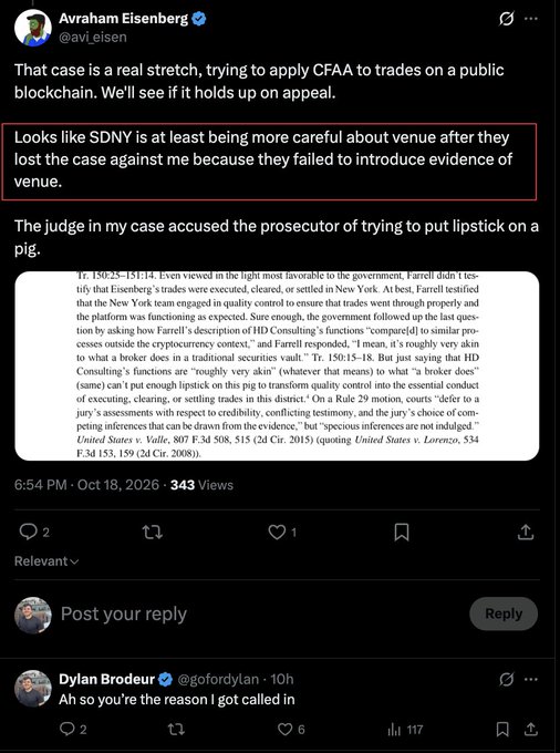 A screenshot of a tweet by Avraham Eisenberg (@avi_eisen) discussing a legal case involving the CFAA and blockchain trades, with a highlighted comment about SDNY losing a venue-related case. Below the tweet is an embedded court document excerpt about F.3d 515 (2d Cir. 2015), and a reply from Dylan Brodeur (@gofordylan) joking, "Ah so you're the reason I got called in."