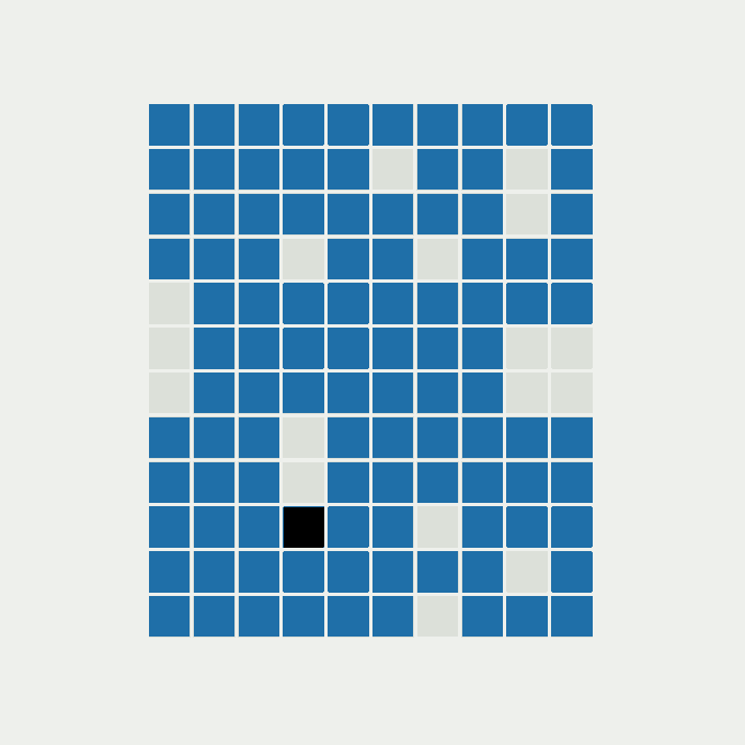 A simple grid-based game or puzzle showing mostly blue squares with scattered white squares and one single black square.
