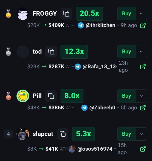 A trading interface displays four cryptocurrency tokens with their gains: FROGGY at 20.5x ($20K → $409K ATH) shared by @thrkitchen, "tod" at 12.3x ($23K → $287K ATH) by @Rafa_13_13, Pill at 8.0x ($48K → $386K ATH) by @Zabeeh0, and slapcat at 5.3x ($8K → $41K ATH) by @osos516974. The image serves as visual proof of the gains mentioned in the promotional Telegram channel post advertising the multi-token calls.