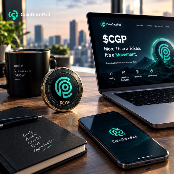 A promotional image for CoinGatePad ($CGP) displaying a 'More Than a Token. It's a Movement' tagline on a laptop, alongside a $CGP coin, a notebook reading 'Early Access Creates Real Opportunities', a coffee mug with 'BUILD DISCOVER GROW', and a smartphone showing the CoinGatePad logo.