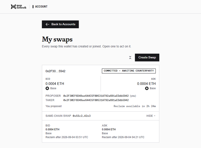 Screenshot of the 'quip network' swap interface showing a 'COMMITTED - AWAITING COUNTERPARTY' status for a same-chain swap (0x55c2...42e3) of 0.0004 ETH, with reclaim times scheduled for 2026-09-04.