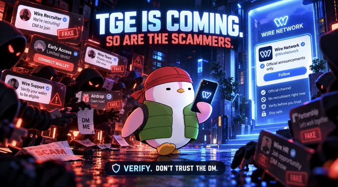 A promotional graphic with the text 'TGE IS COMING. SO ARE THE SCAMMERS.' featuring a cartoon penguin in a red cap surrounded by scammers, with 'Wire Network' promoted as the legitimate channel.