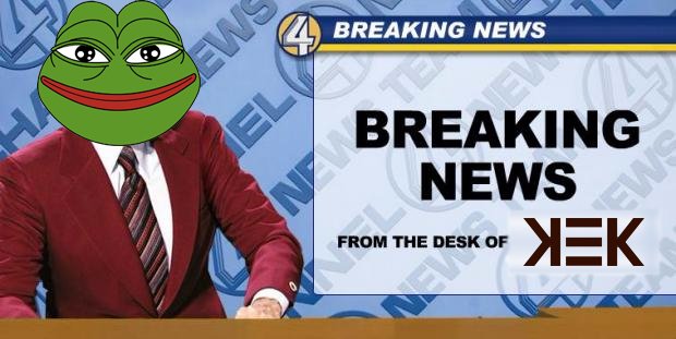 A fake breaking news broadcast graphic features the Pepe the Frog meme wearing a red suit, with text reading 'BREAKING NEWS' and 'FROM THE DESK OF XEK'.