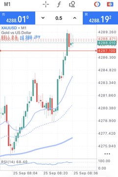 A candlestick chart of XAUUSD on the M1 timeframe shows gold prices fluctuating around 4288, with a recent sharp drop reflected in the visible 4288.01 sell order and -48.589 JPY P&L indicator, aligning with the poster's comment about shorting gold as prices decline.