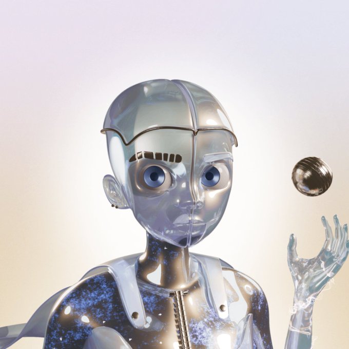 The image features a 3D rendering of a robot with a face and arms, holding a ball in its hand. The robot appears to have a metallic appearance, giving it an industrial or futuristic look. The background of the image is white, which contrasts with the robot's metallic sheen. The caption below the image reads: "1/7 of the @mongang_xyz in my wallet It' s not every day you get to be sure you have one of the rarest pieces in your collection".