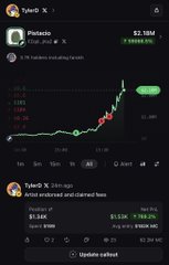 A mobile app screenshot displays a cryptocurrency trading interface with the ticker 'PineAi', showing a price chart and candlestick data.