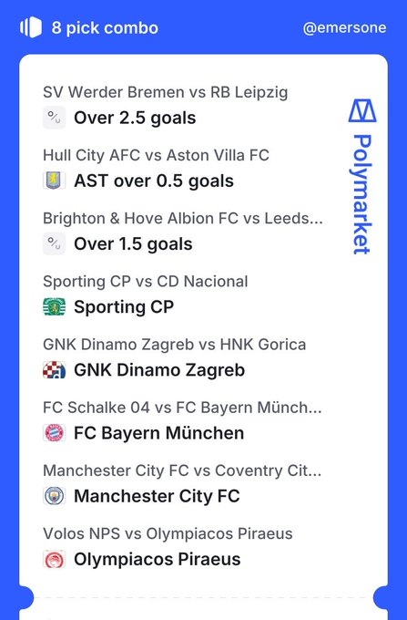A mobile sports betting app interface shows an '8 pick combo' by @emersone featuring match predictions including SV Werder Bremen vs RB Leipzig (Over 2.5 goals), Manchester City FC, and FC Bayern München.
