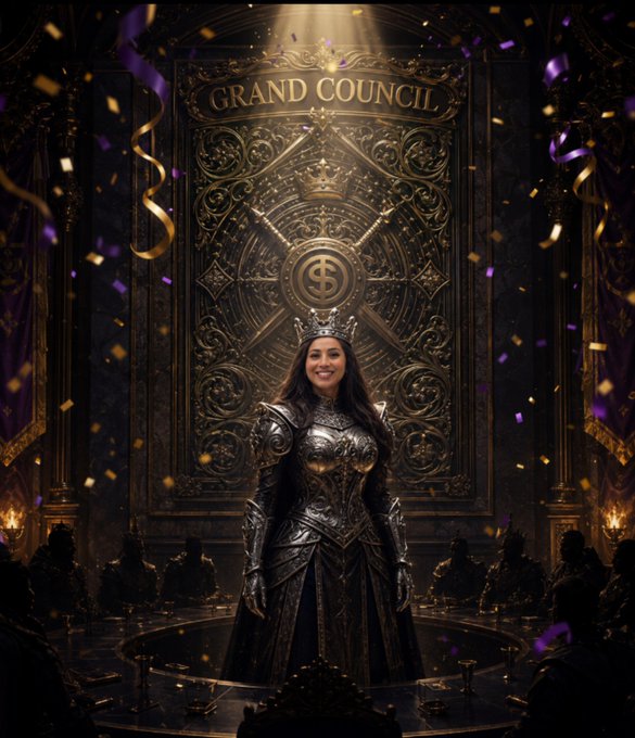 A fantasy digital artwork of a smiling queen in ornate armor standing before a golden 'GRAND COUNCIL' door with a dollar sign emblem, surrounded by purple confetti.
