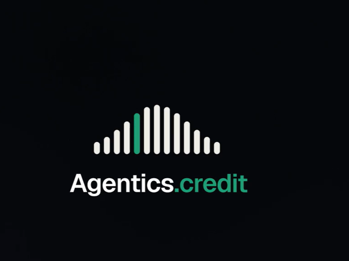 A logo on a black background featuring green and white bar-graph-style soundwaves with the text 'Agentics.credit'.