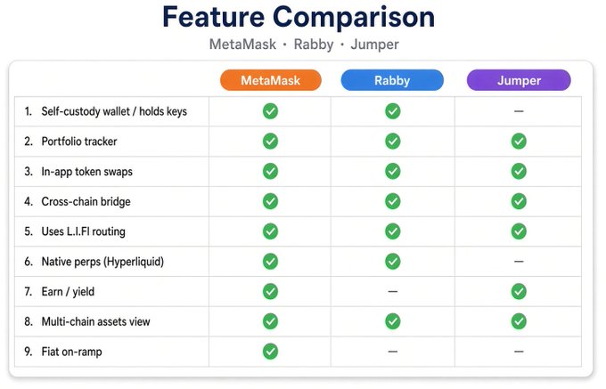 The image is a feature comparison chart showing that MetaMask, Rabby, and Jumper share most core wallet features (portfolio tracking, swaps, cross-chain bridging, LIFI routing), but MetaMask uniquely stands out with native perpetuals via Hyperliquid and a fiat on-ramp, while also offering self-custody and yield-earning capabilities. This supports the post's framing of MetaMask becoming a comprehensive consumer-focused platform spanning wallets, swaps, and perpetuals following its split from Consensys.
