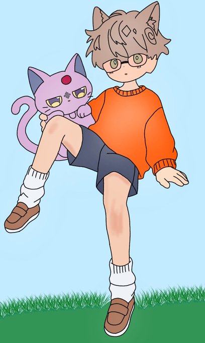 An anime-style illustration of a young character with glasses, an orange sweater, and dark shorts, holding a purple cat-like creature while standing on grass against a blue sky.